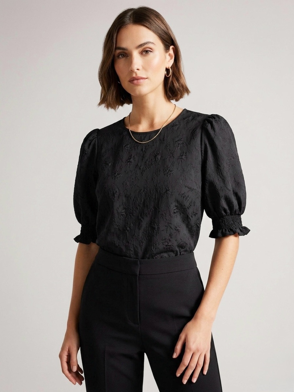 Ted Baker Black Floral Jacquard Puff Sleeve Blouse Scoop Neck Top Women’s Size S